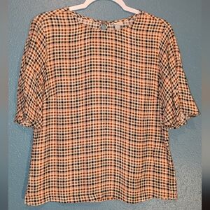 A New Day, M, orange/brown/black/tan, checkerboard, short sleeve blouse